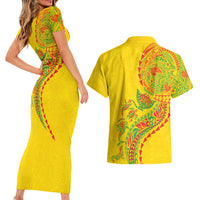 Hawaiian Kakau Tribal Sea Animals Tattoos Couples Matching Short Sleeve Bodycon Dress and Hawaiian Shirt Kanaka Maoli Flag Color Inspired