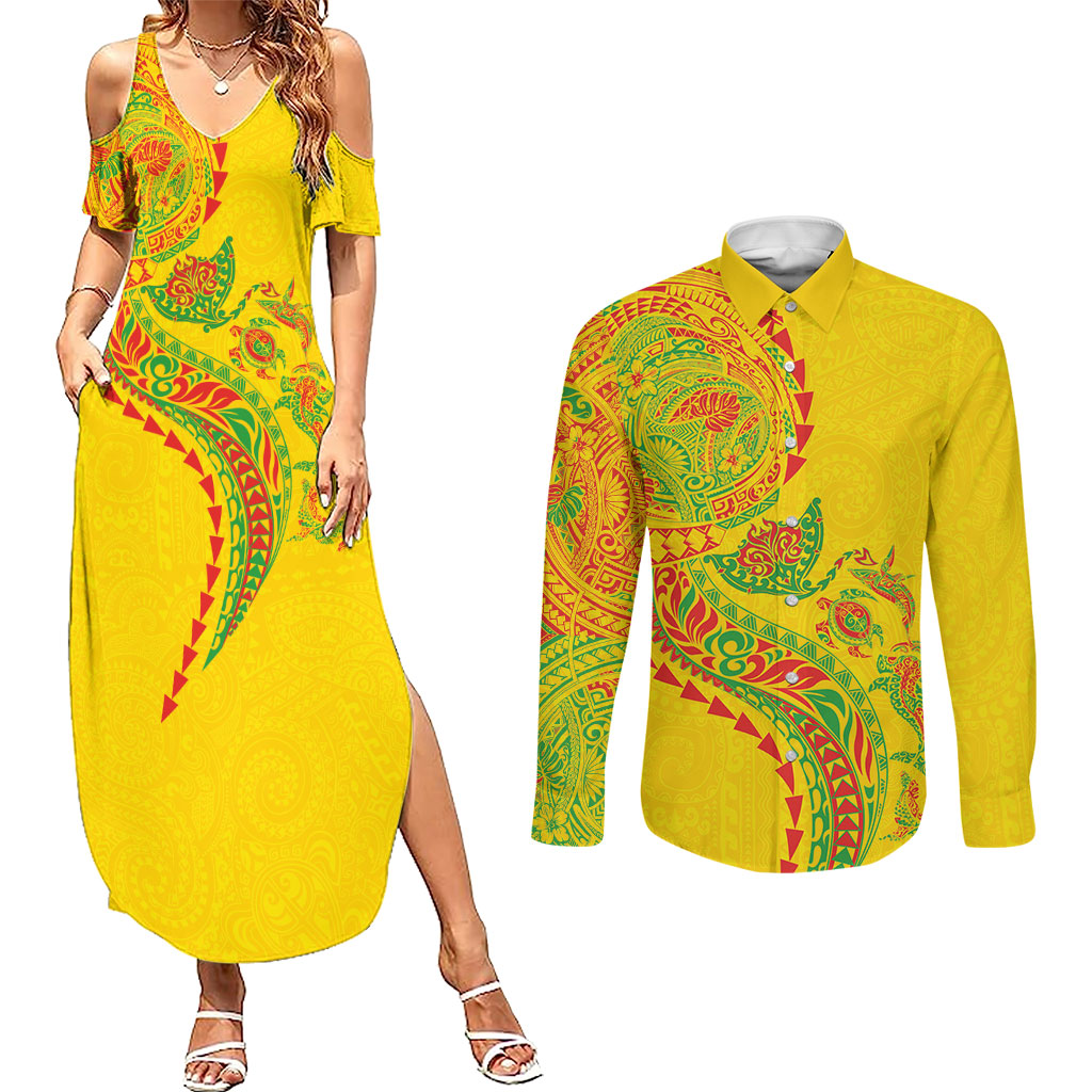 Hawaiian Kakau Tribal Sea Animals Tattoos Couples Matching Summer Maxi Dress and Long Sleeve Button Shirt Kanaka Maoli Flag Color Inspired LT03 Multicolor - Polynesian Pride