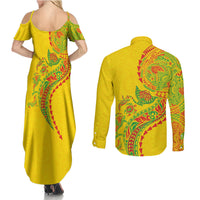 Hawaiian Kakau Tribal Sea Animals Tattoos Couples Matching Summer Maxi Dress and Long Sleeve Button Shirt Kanaka Maoli Flag Color Inspired LT03 - Polynesian Pride