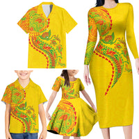 Hawaiian Kakau Tribal Sea Animals Tattoos Family Matching Long Sleeve Bodycon Dress and Hawaiian Shirt Kanaka Maoli Flag Color Inspired