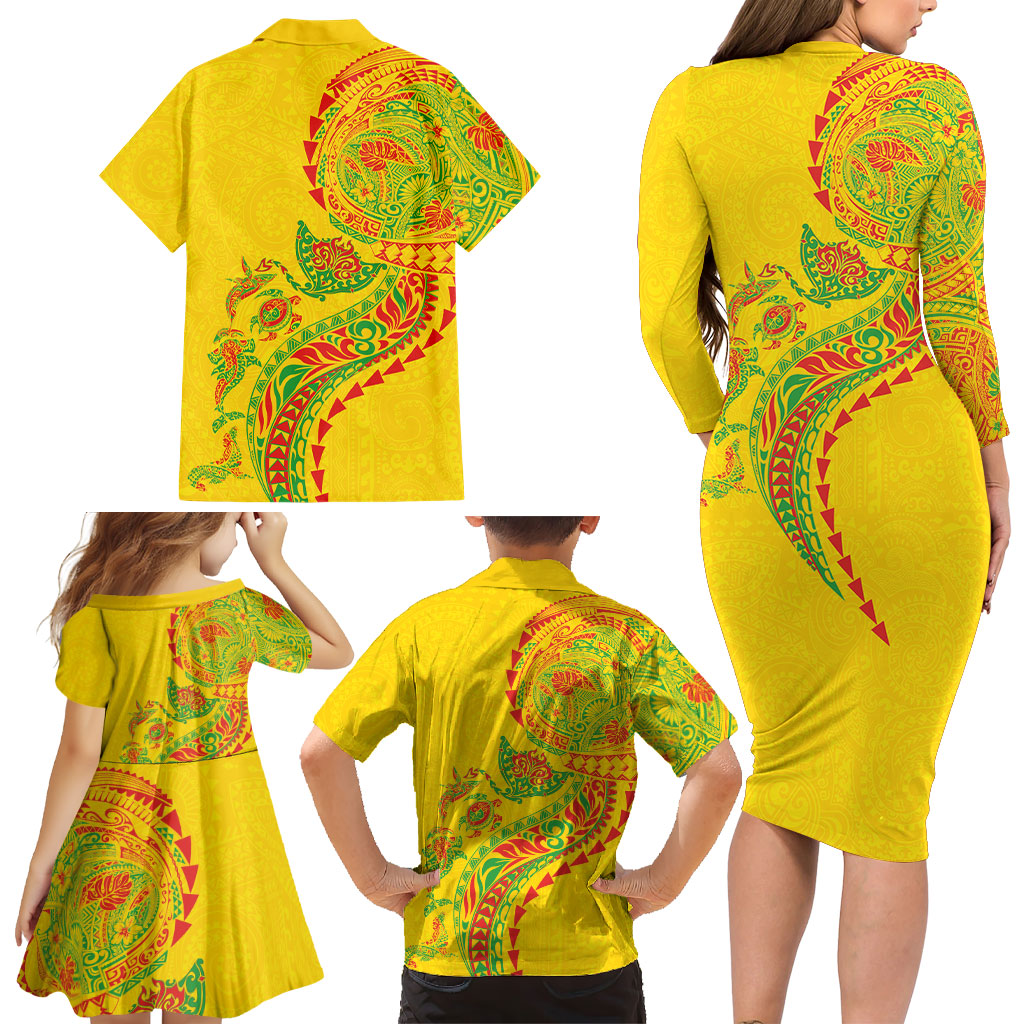 Hawaiian Kakau Tribal Sea Animals Tattoos Family Matching Long Sleeve Bodycon Dress and Hawaiian Shirt Kanaka Maoli Flag Color Inspired