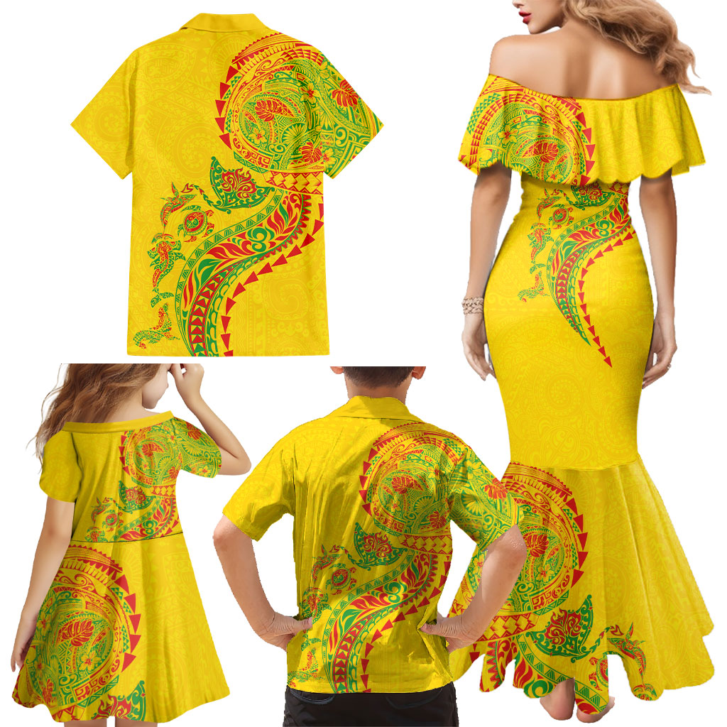 Hawaiian Kakau Tribal Sea Animals Tattoos Family Matching Mermaid Dress and Hawaiian Shirt Kanaka Maoli Flag Color Inspired
