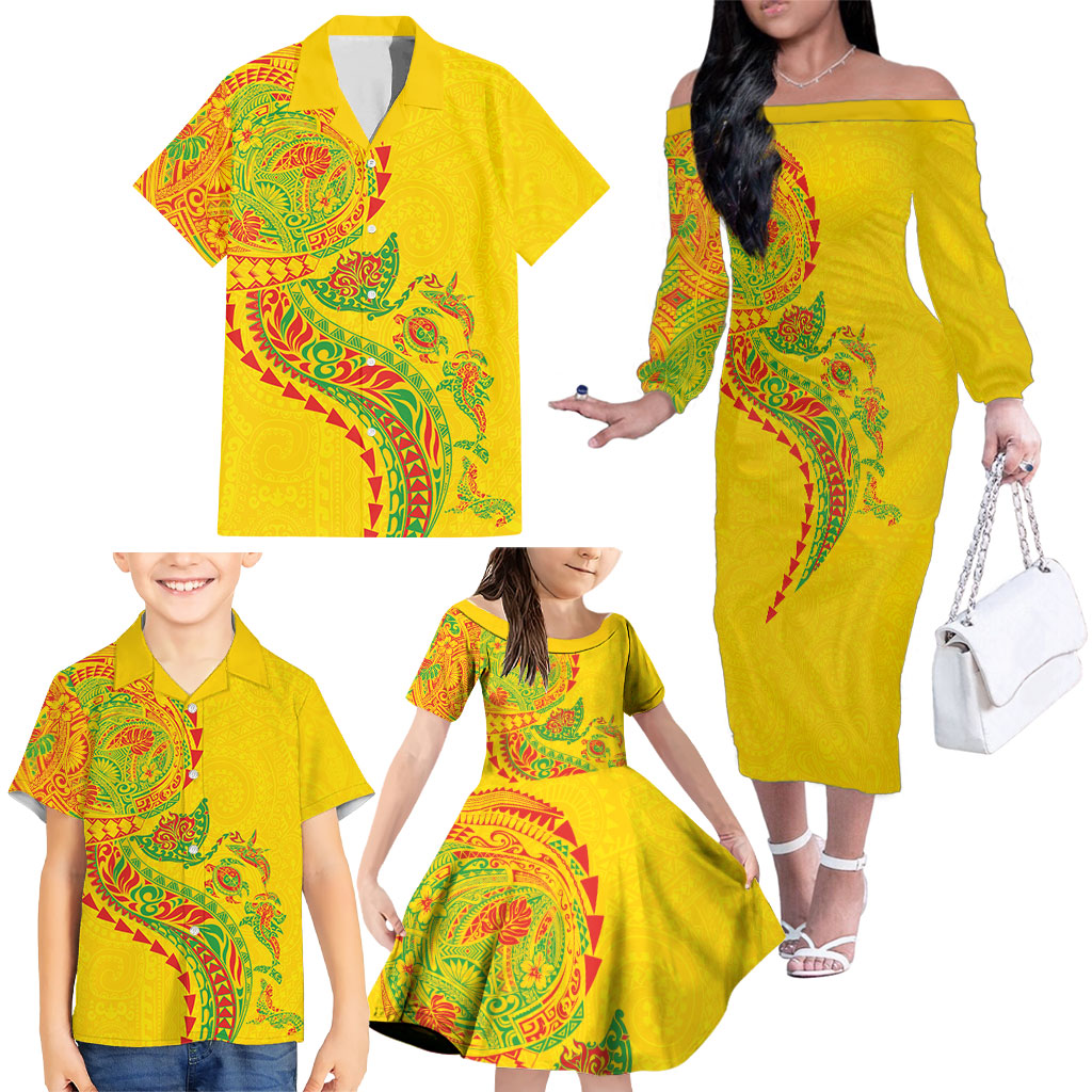 Hawaiian Kakau Tribal Sea Animals Tattoos Family Matching Off The Shoulder Long Sleeve Dress and Hawaiian Shirt Kanaka Maoli Flag Color Inspired LT03 - Polynesian Pride