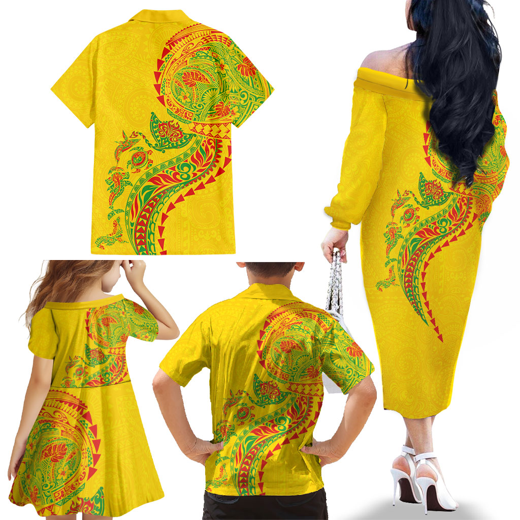 Hawaiian Kakau Tribal Sea Animals Tattoos Family Matching Off The Shoulder Long Sleeve Dress and Hawaiian Shirt Kanaka Maoli Flag Color Inspired LT03 - Polynesian Pride
