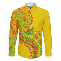 Hawaiian Kakau Tribal Sea Animals Tattoos Family Matching Off The Shoulder Long Sleeve Dress and Hawaiian Shirt Kanaka Maoli Flag Color Inspired LT03 Dad's Shirt - Long Sleeve Multicolor - Polynesian Pride