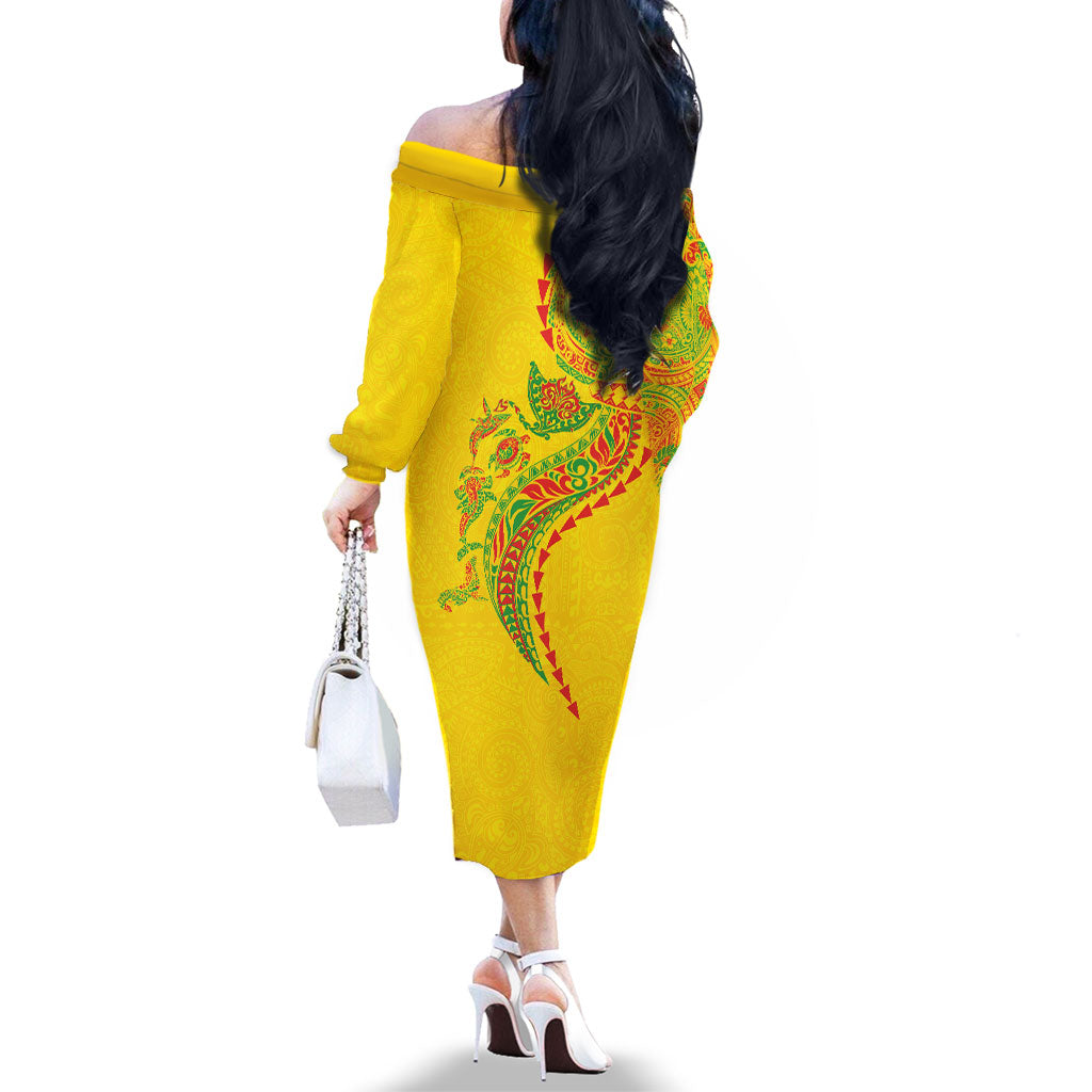 Hawaiian Kakau Tribal Sea Animals Tattoos Family Matching Off The Shoulder Long Sleeve Dress and Hawaiian Shirt Kanaka Maoli Flag Color Inspired LT03 - Polynesian Pride