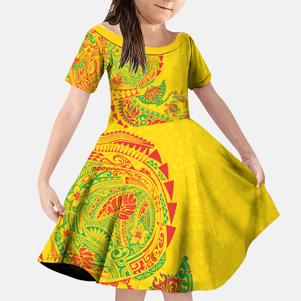 Hawaiian Kakau Tribal Sea Animals Tattoos Family Matching Off Shoulder Maxi Dress and Hawaiian Shirt Kanaka Maoli Flag Color Inspired LT03 Daughter's Dress Multicolor - Polynesian Pride