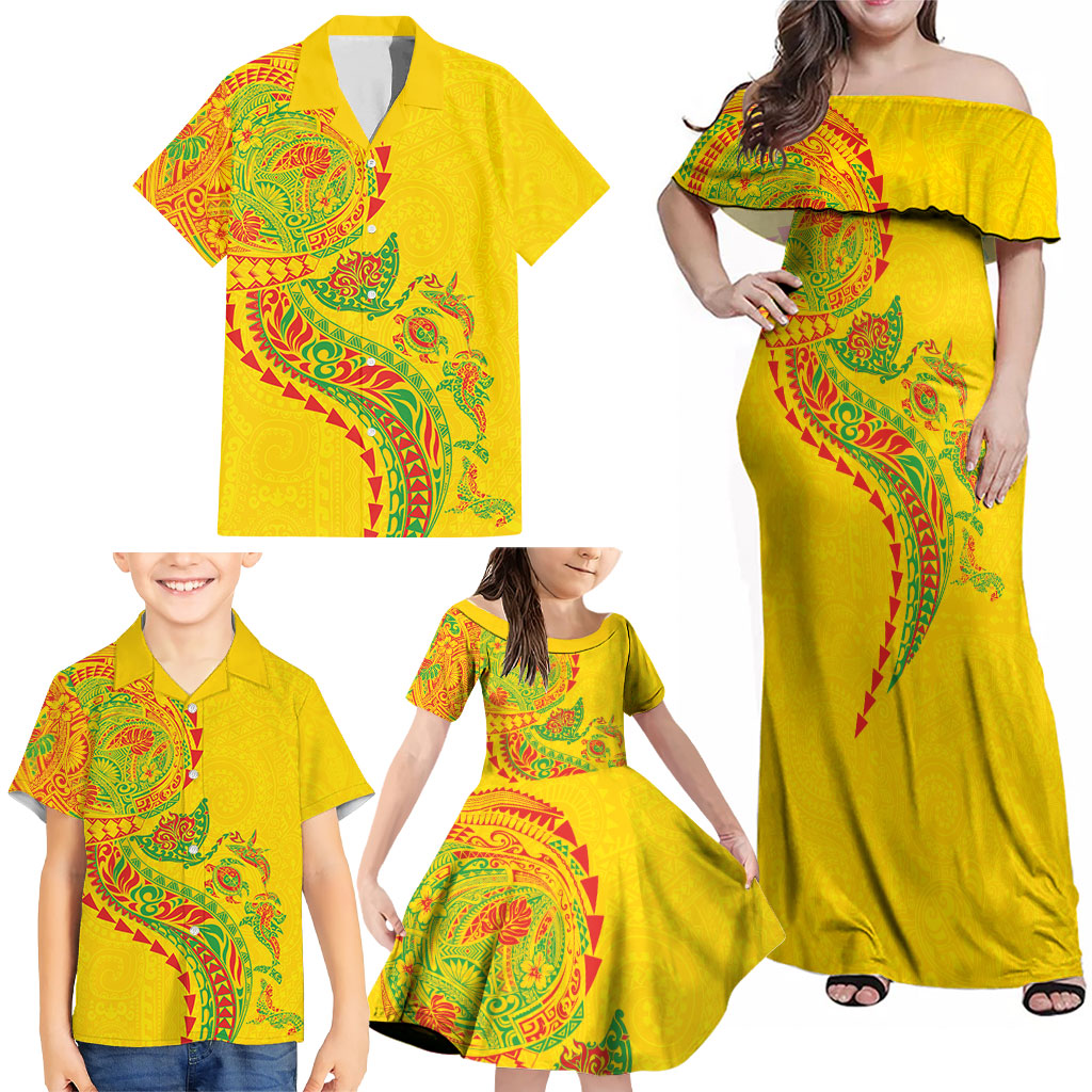 Hawaiian Kakau Tribal Sea Animals Tattoos Family Matching Off Shoulder Maxi Dress and Hawaiian Shirt Kanaka Maoli Flag Color Inspired LT03 - Polynesian Pride