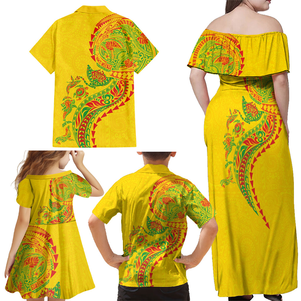 Hawaiian Kakau Tribal Sea Animals Tattoos Family Matching Off Shoulder Maxi Dress and Hawaiian Shirt Kanaka Maoli Flag Color Inspired LT03 - Polynesian Pride