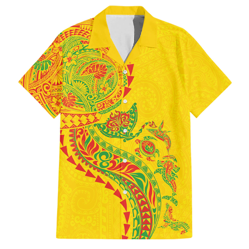 Hawaiian Kakau Tribal Sea Animals Tattoos Family Matching Off Shoulder Maxi Dress and Hawaiian Shirt Kanaka Maoli Flag Color Inspired LT03 Dad's Shirt - Short Sleeve Multicolor - Polynesian Pride