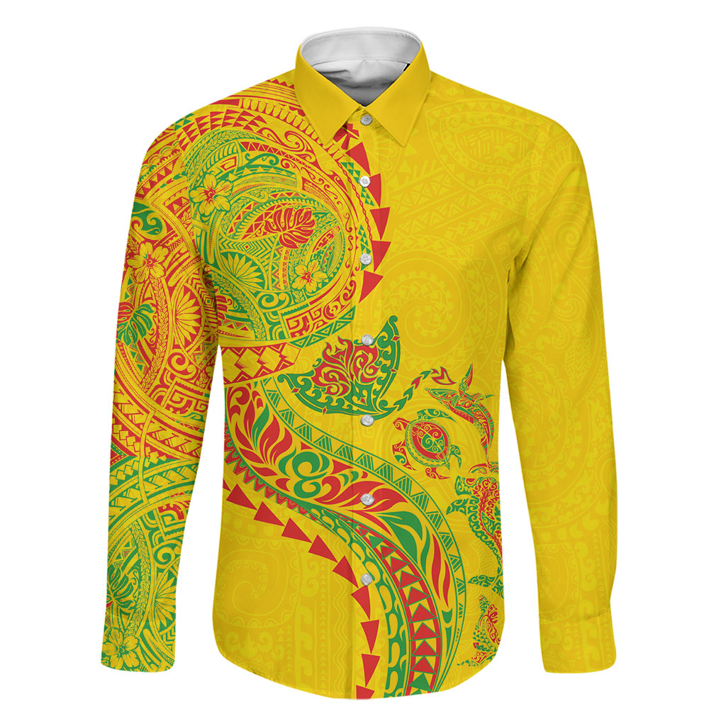 Hawaiian Kakau Tribal Sea Animals Tattoos Family Matching Off Shoulder Maxi Dress and Hawaiian Shirt Kanaka Maoli Flag Color Inspired LT03 Dad's Shirt - Long Sleeve Multicolor - Polynesian Pride