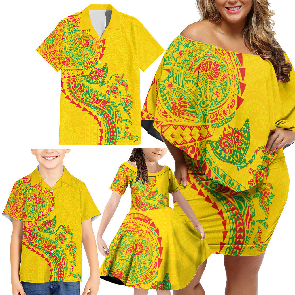Hawaiian Kakau Tribal Sea Animals Tattoos Family Matching Off Shoulder Short Dress and Hawaiian Shirt Kanaka Maoli Flag Color Inspired