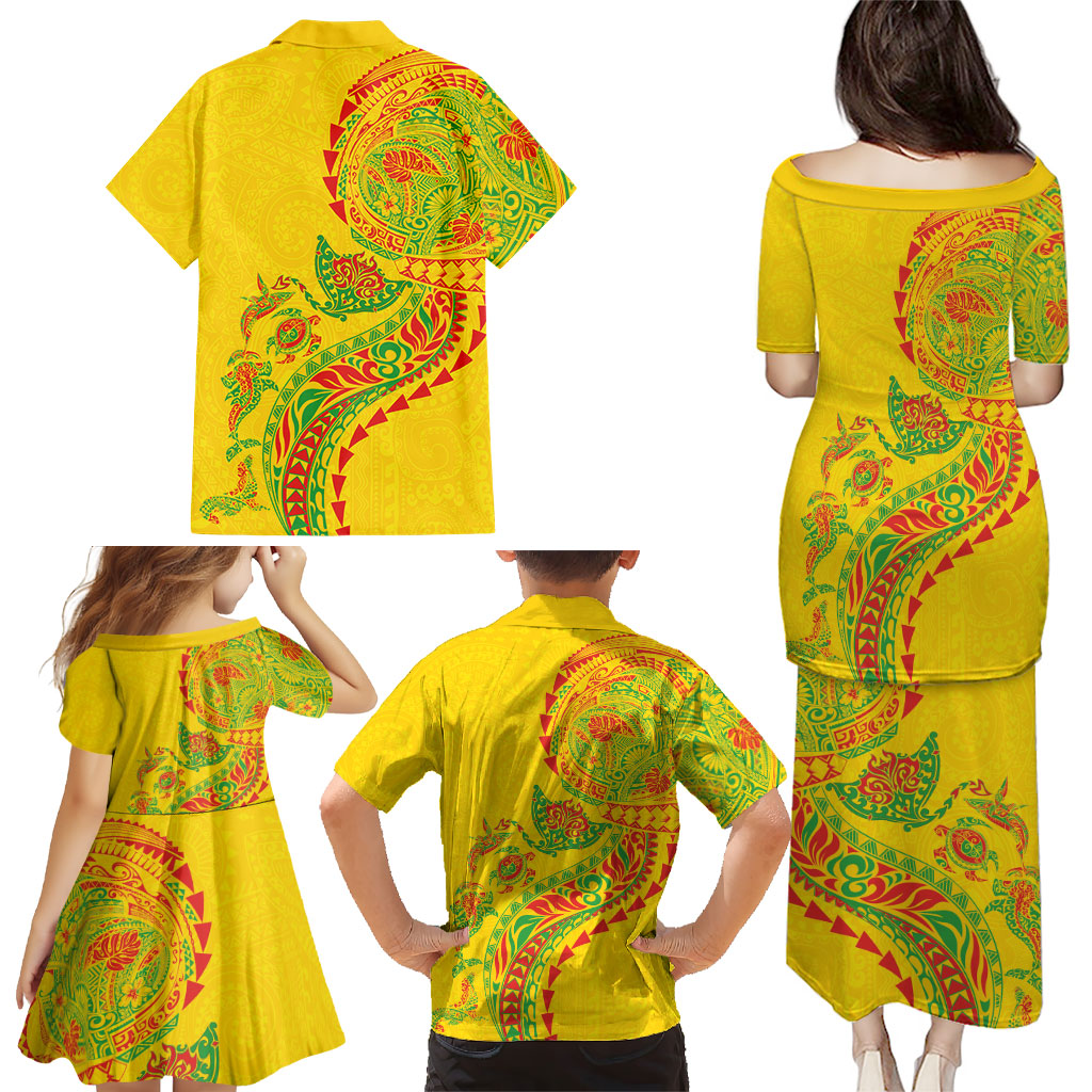 Hawaiian Kakau Tribal Sea Animals Tattoos Family Matching Puletasi and Hawaiian Shirt Kanaka Maoli Flag Color Inspired