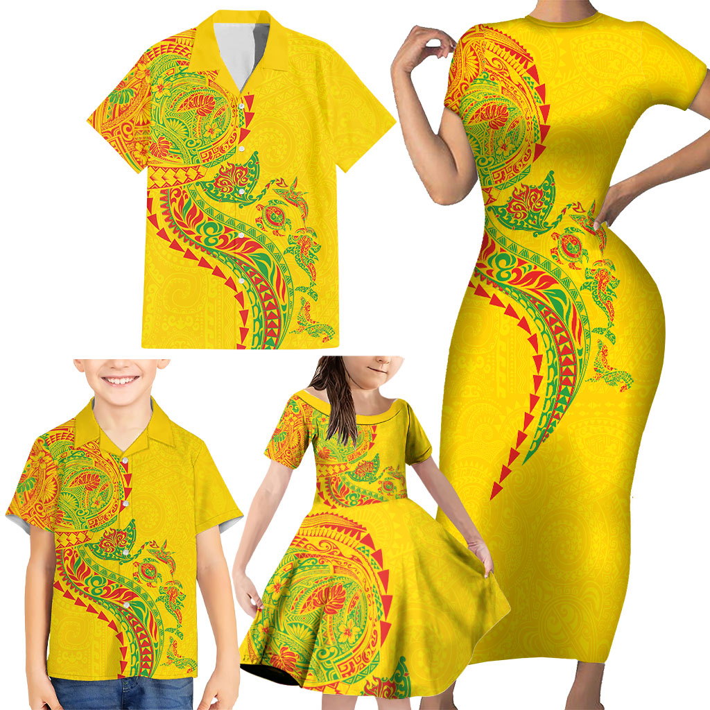Hawaiian Kakau Tribal Sea Animals Tattoos Family Matching Short Sleeve Bodycon Dress and Hawaiian Shirt Kanaka Maoli Flag Color Inspired LT03 - Polynesian Pride