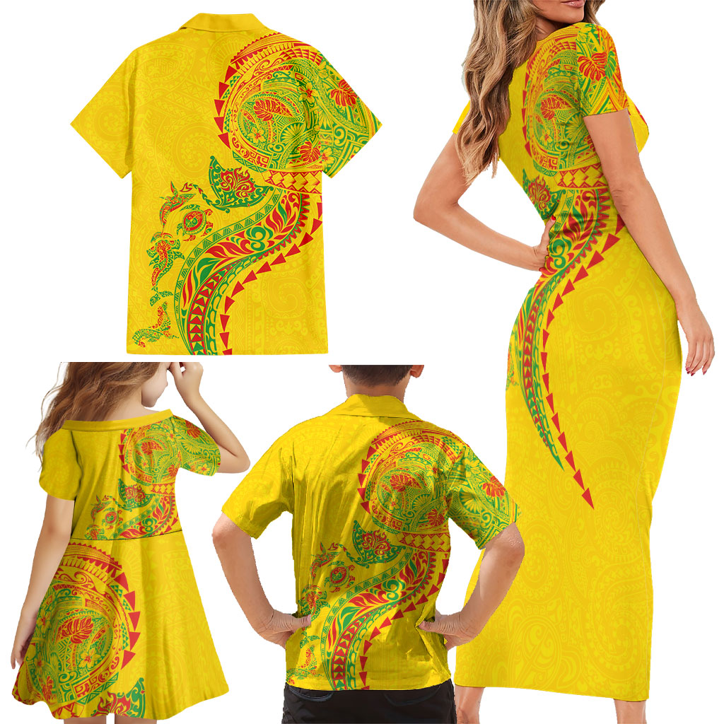 Hawaiian Kakau Tribal Sea Animals Tattoos Family Matching Short Sleeve Bodycon Dress and Hawaiian Shirt Kanaka Maoli Flag Color Inspired LT03 - Polynesian Pride
