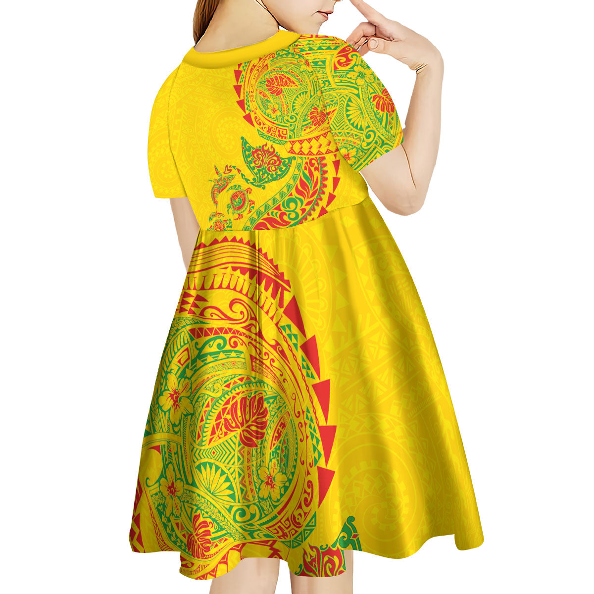 Hawaiian Kakau Tribal Sea Animals Tattoos Kid Short Sleeve Dress Kanaka Maoli Flag Color Inspired