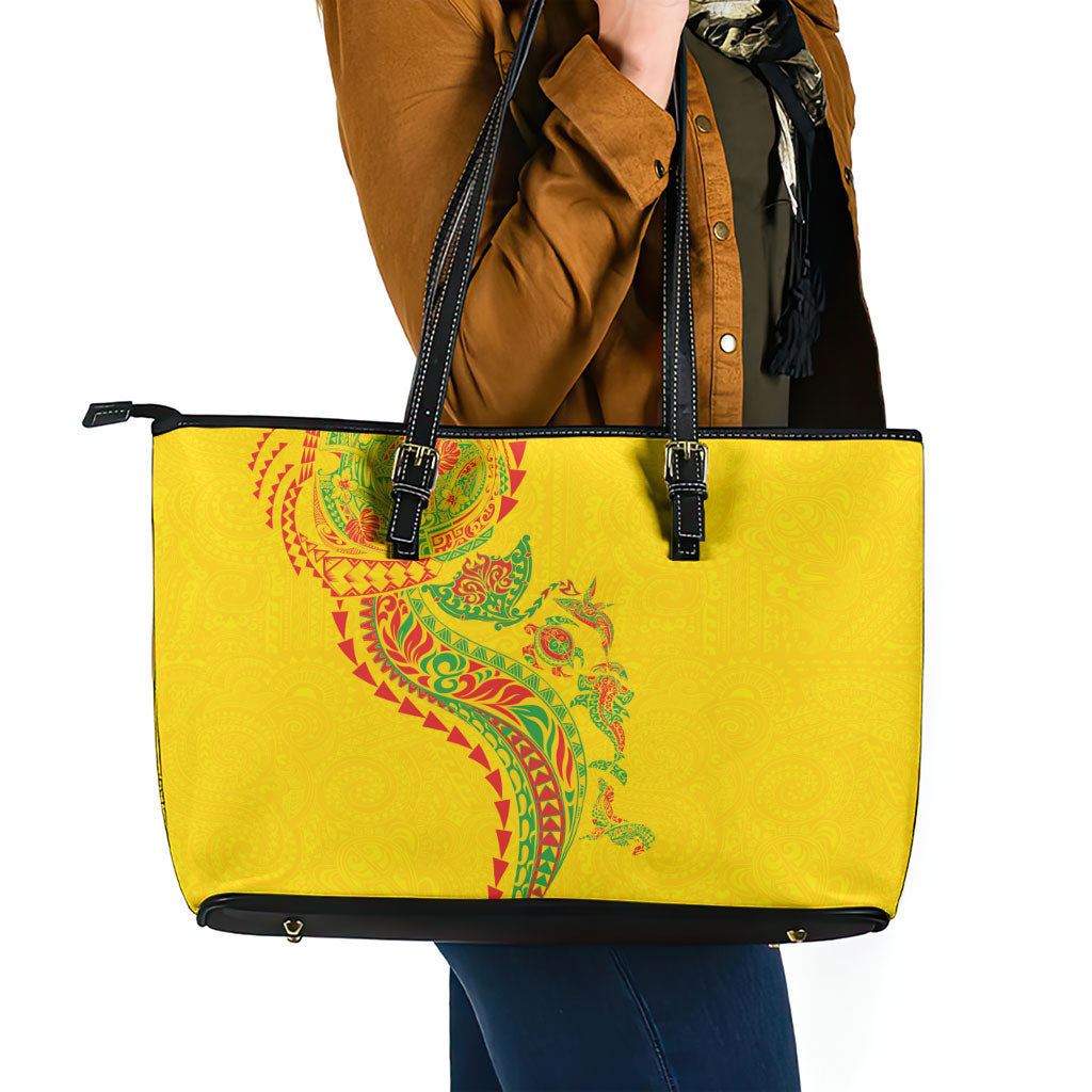 Hawaiian Kakau Tribal Sea Animals Tattoos Leather Tote Bag Kanaka Maoli Flag Color Inspired
