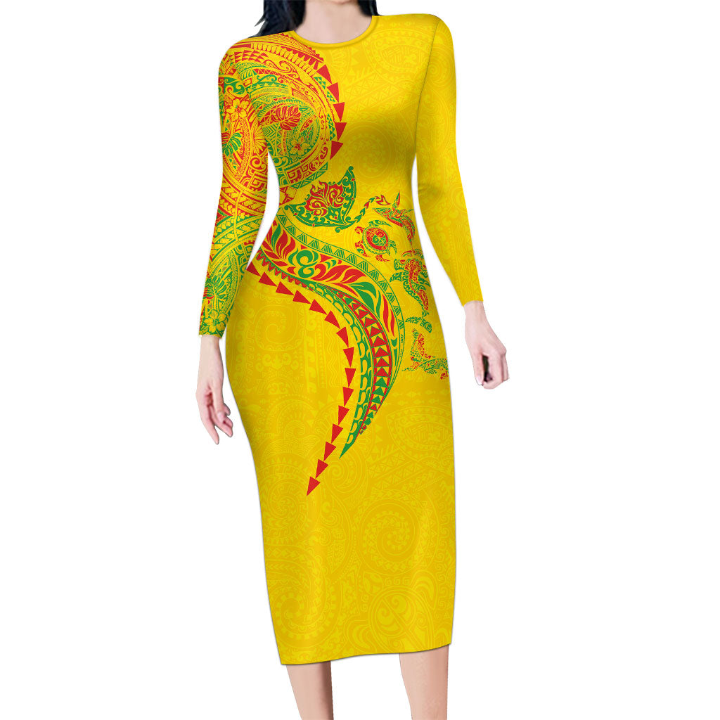 Hawaiian Kakau Tribal Sea Animals Tattoos Long Sleeve Bodycon Dress Kanaka Maoli Flag Color Inspired