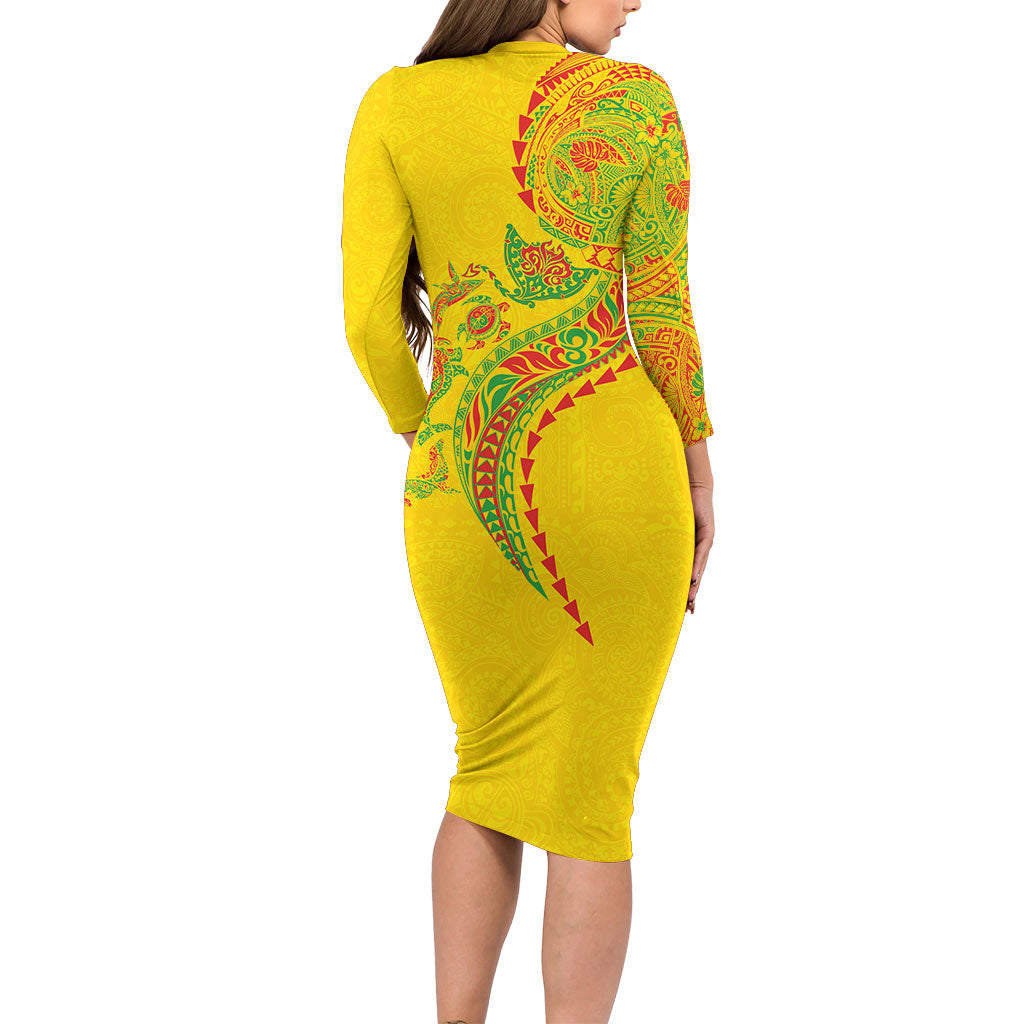 Hawaiian Kakau Tribal Sea Animals Tattoos Long Sleeve Bodycon Dress Kanaka Maoli Flag Color Inspired