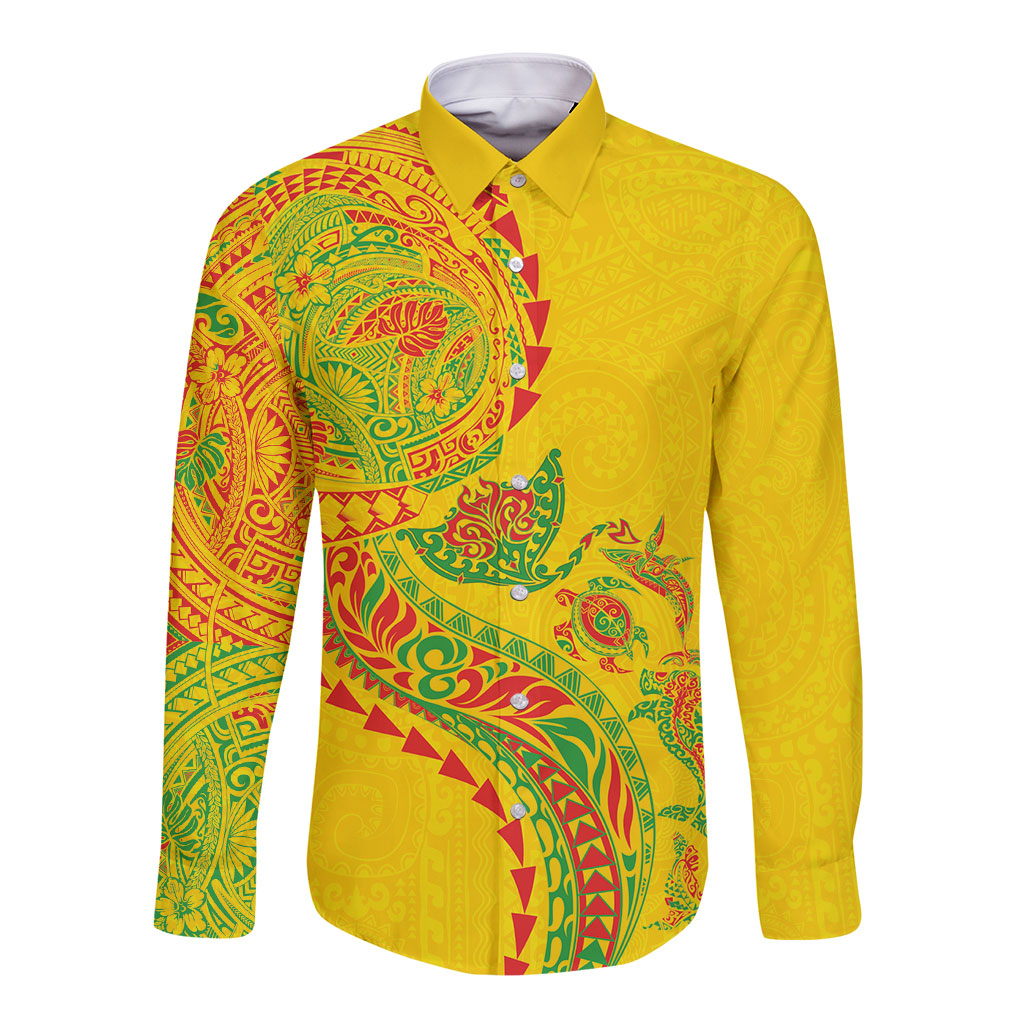 Hawaiian Kakau Tribal Sea Animals Tattoos Long Sleeve Button Shirt Kanaka Maoli Flag Color Inspired LT03 Unisex Multicolor - Polynesian Pride