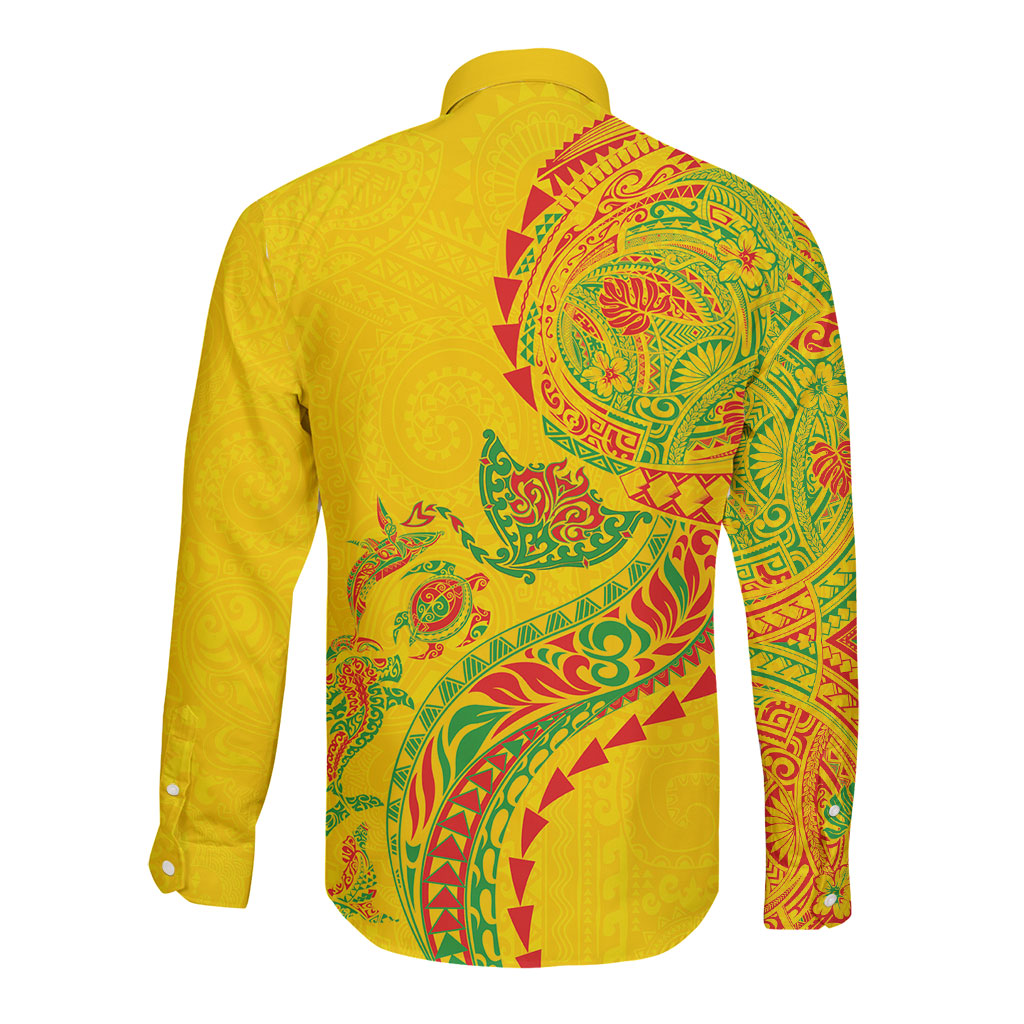 Hawaiian Kakau Tribal Sea Animals Tattoos Long Sleeve Button Shirt Kanaka Maoli Flag Color Inspired LT03 - Polynesian Pride