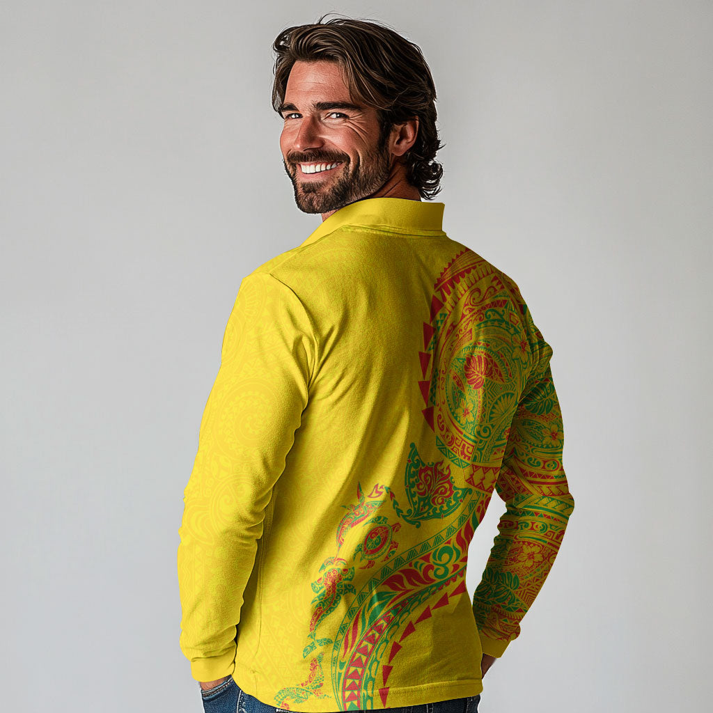 Hawaiian Kakau Tribal Sea Animals Tattoos Long Sleeve Polo Shirt Kanaka Maoli Flag Color Inspired