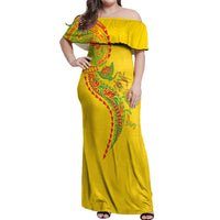 Hawaiian Kakau Tribal Sea Animals Tattoos Off Shoulder Maxi Dress Kanaka Maoli Flag Color Inspired