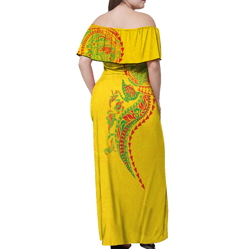 Hawaiian Kakau Tribal Sea Animals Tattoos Off Shoulder Maxi Dress Kanaka Maoli Flag Color Inspired