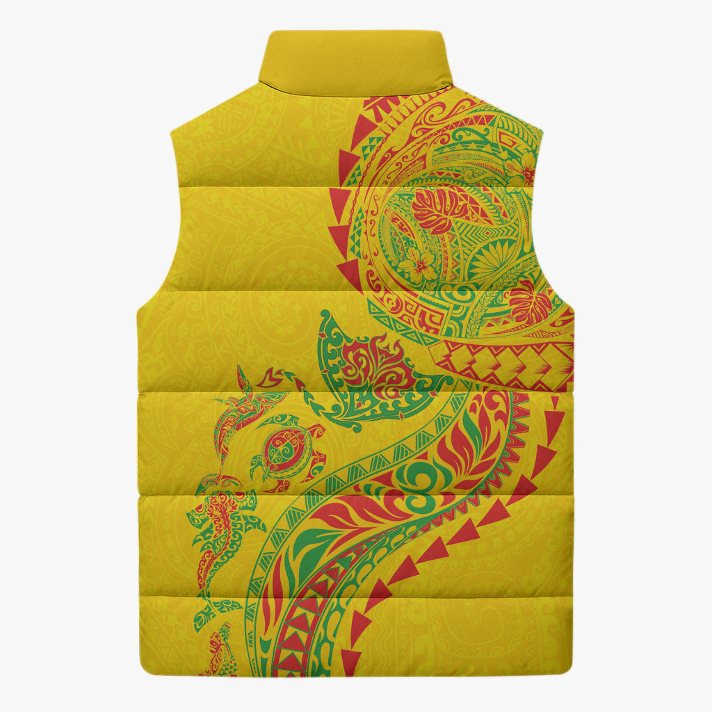 Hawaiian Kakau Tribal Sea Animals Tattoos Sleeveless Puffer Jacket Kanaka Maoli Flag Color Inspired