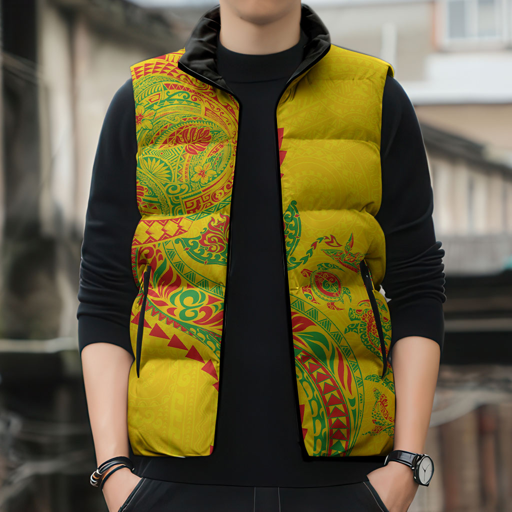 Hawaiian Kakau Tribal Sea Animals Tattoos Sleeveless Puffer Jacket Kanaka Maoli Flag Color Inspired