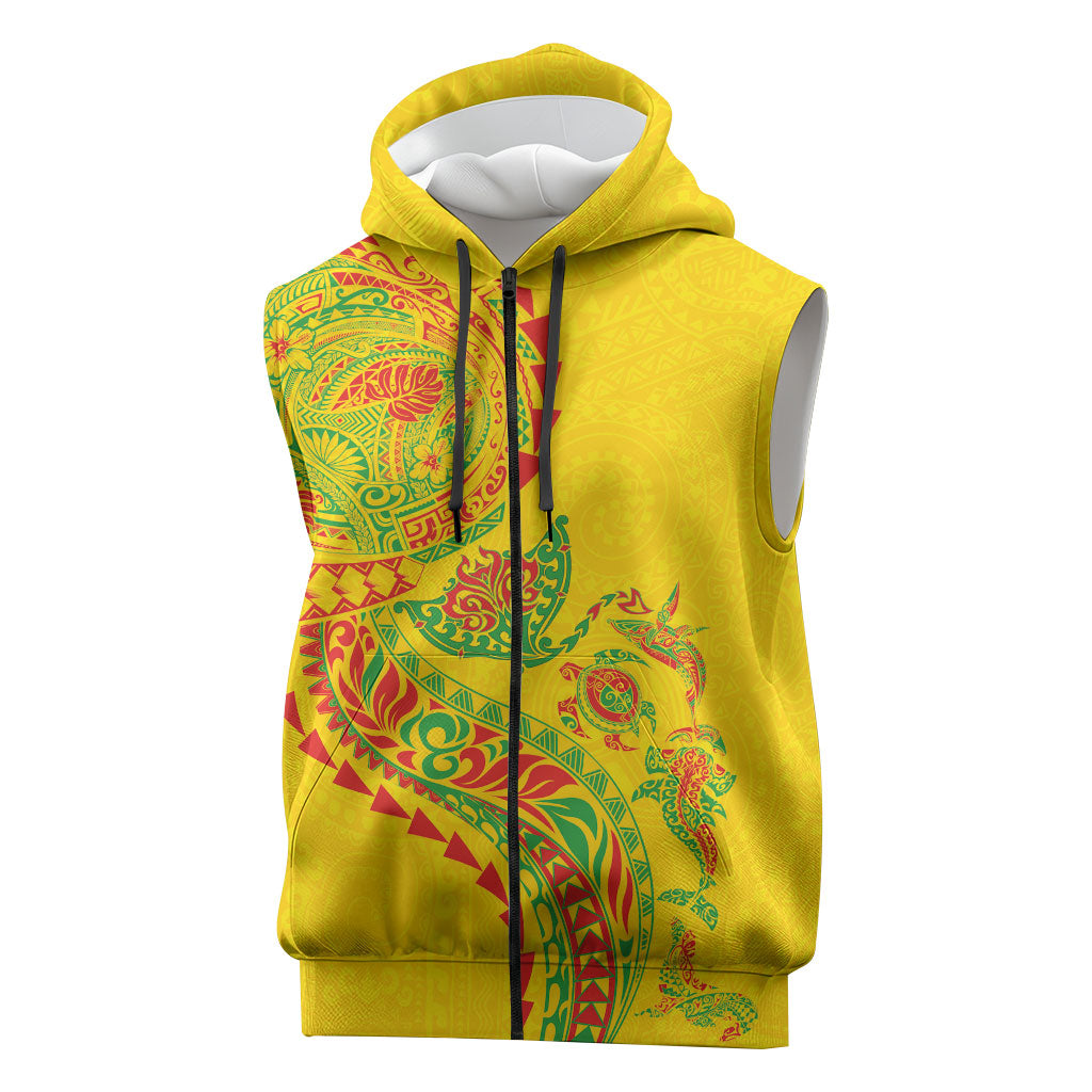 Hawaiian Kakau Tribal Sea Animals Tattoos Sleeveless Zip Hoodie Kanaka Maoli Flag Color Inspired LT03 Multicolor - Polynesian Pride
