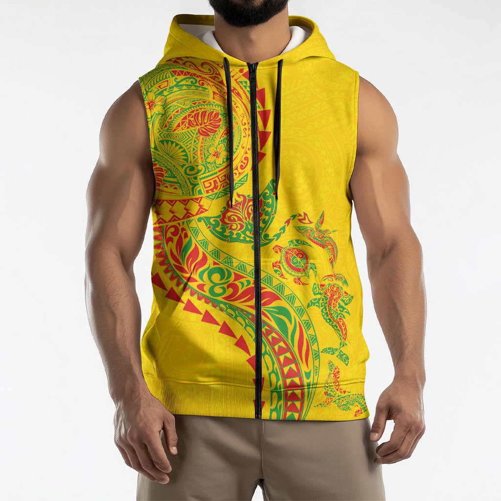Hawaiian Kakau Tribal Sea Animals Tattoos Sleeveless Zip Hoodie Kanaka Maoli Flag Color Inspired LT03 - Polynesian Pride
