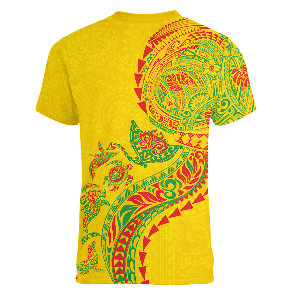 Hawaiian Kakau Tribal Sea Animals Tattoos Women V-Neck T-Shirt Kanaka Maoli Flag Color Inspired