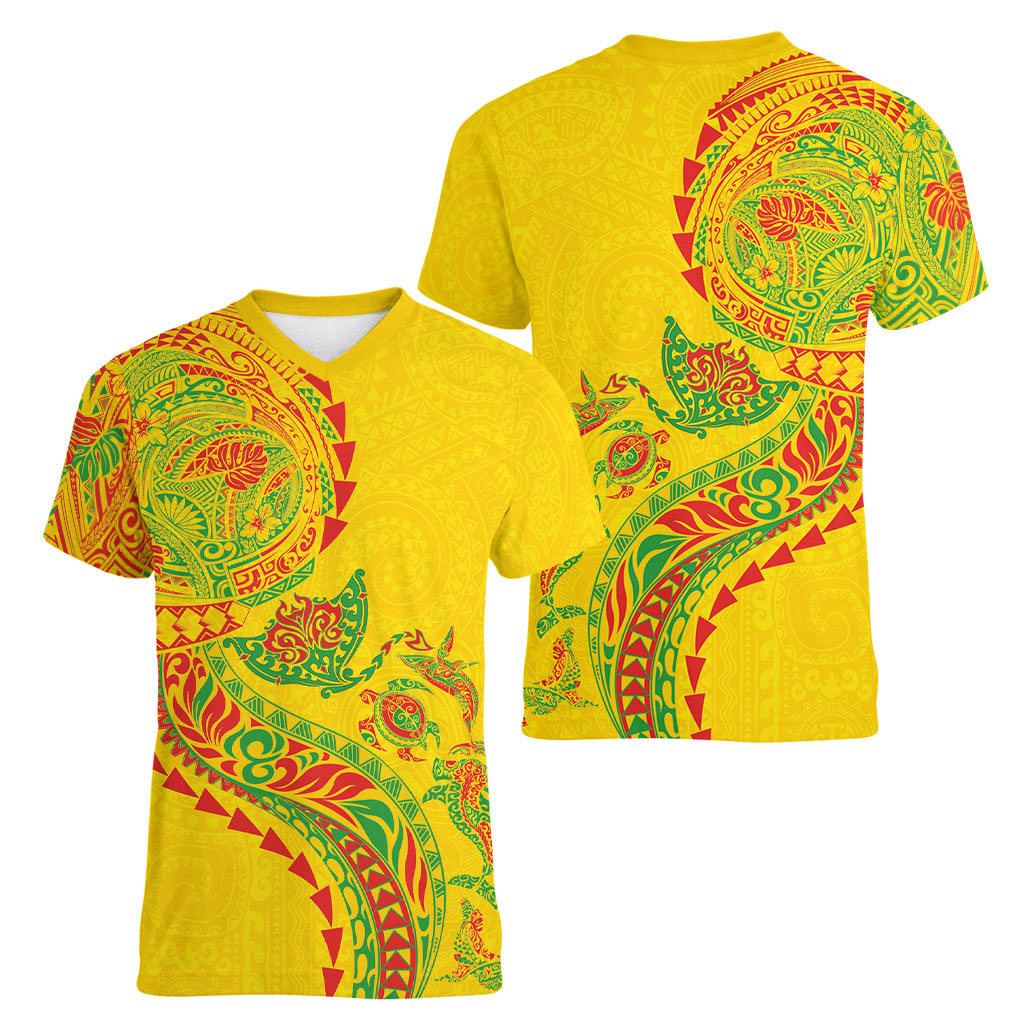 Hawaiian Kakau Tribal Sea Animals Tattoos Women V-Neck T-Shirt Kanaka Maoli Flag Color Inspired