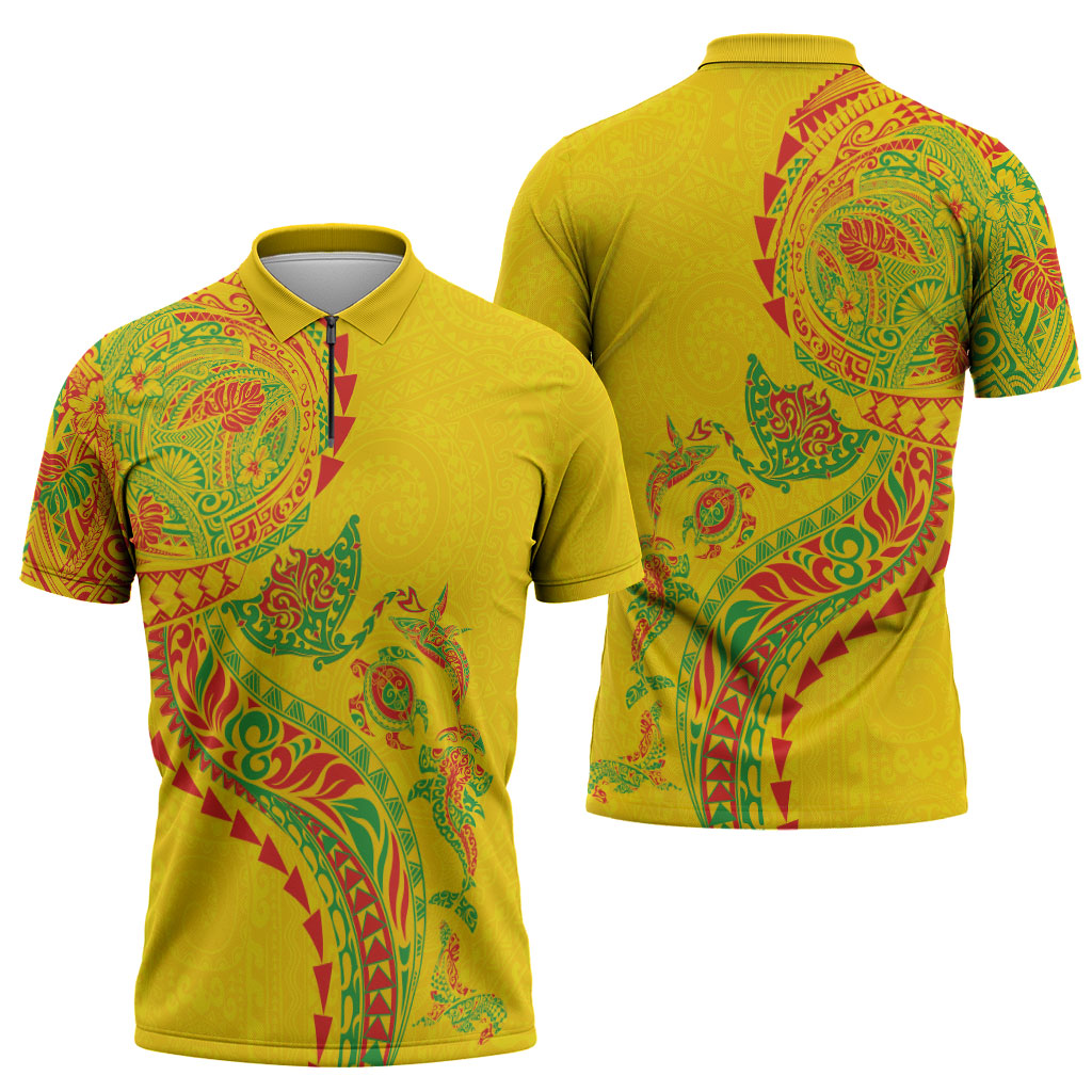 Hawaiian Kakau Tribal Sea Animals Tattoos Zipper Polo Shirt Kanaka Maoli Flag Color Inspired