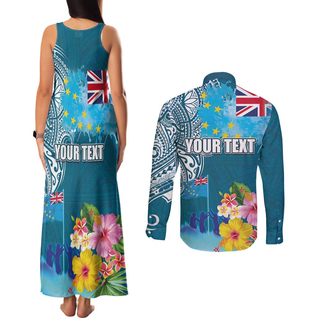 Personalised Tuvalu Independence Day Couples Matching Tank Maxi Dress and Long Sleeve Button Shirt Tuvaluan Tribal Flag Style