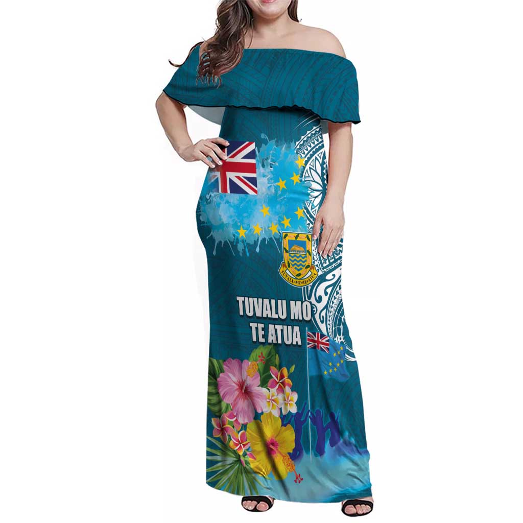 Personalised Tuvalu Independence Day Family Matching Off Shoulder Maxi Dress and Hawaiian Shirt Tuvaluan Tribal Flag Style