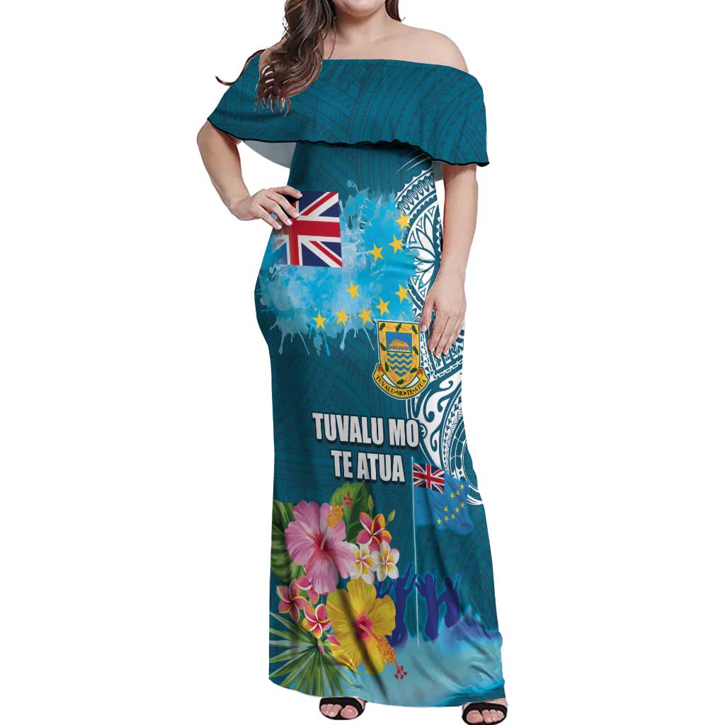 Personalised Tuvalu Independence Day Off Shoulder Maxi Dress Tuvaluan Tribal Flag Style LT03 Women Turquoise - Polynesian Pride
