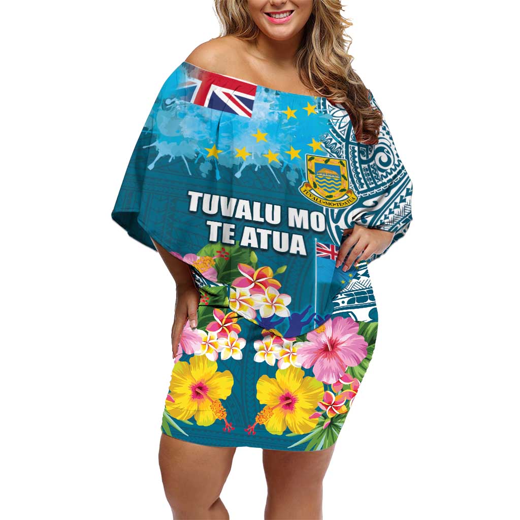 Personalised Tuvalu Independence Day Off Shoulder Short Dress Tuvaluan Tribal Flag Style LT03 Women Turquoise - Polynesian Pride