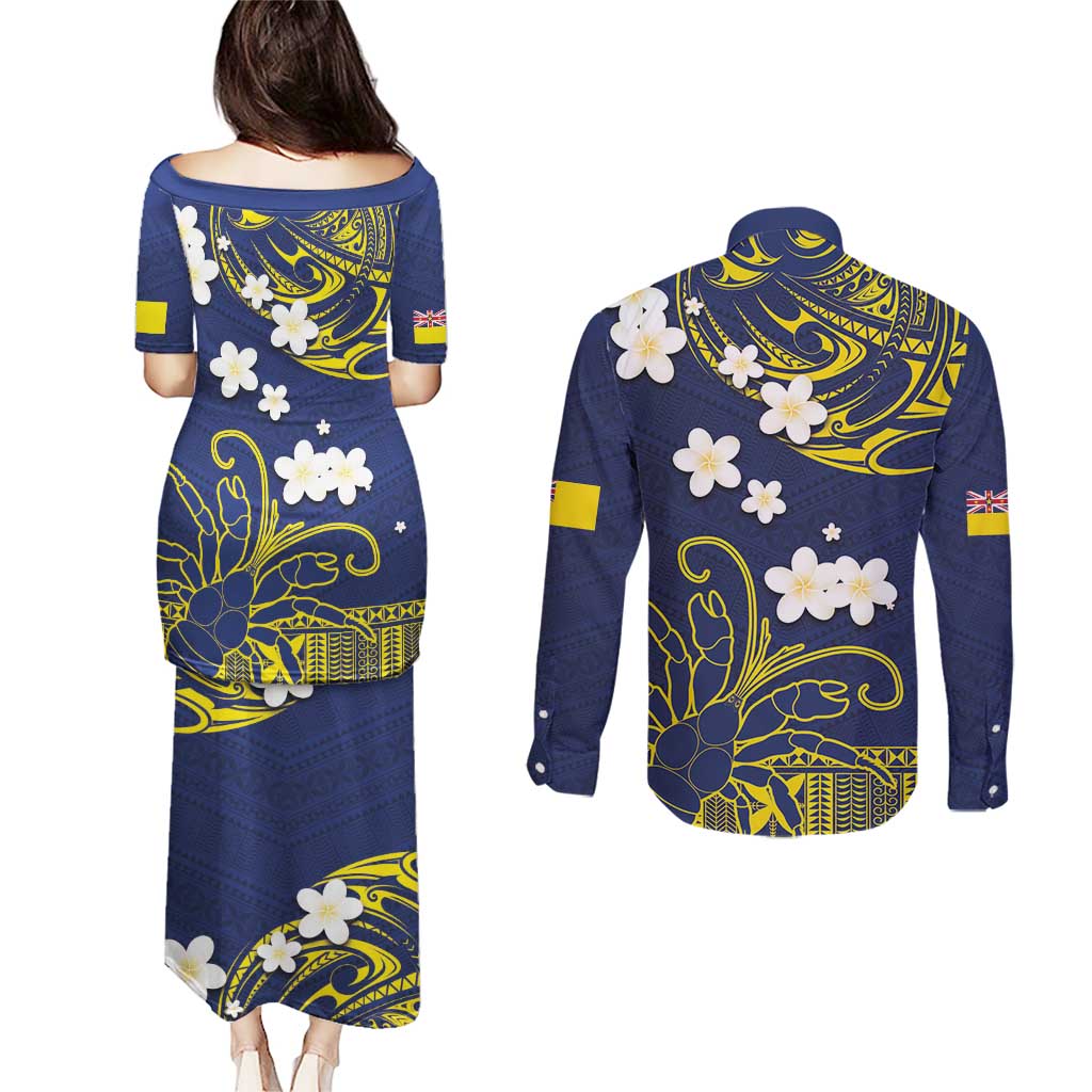 Niue Independence Day Couples Matching Puletasi and Long Sleeve Button Shirt Hiapo Pattern Fiti Pua and Uga