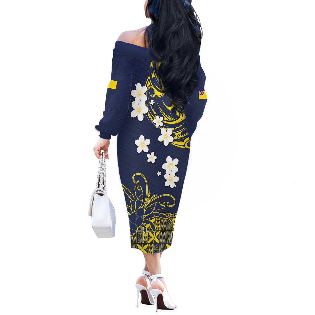 Niue Independence Day Off The Shoulder Long Sleeve Dress Hiapo Pattern Fiti Pua and Uga