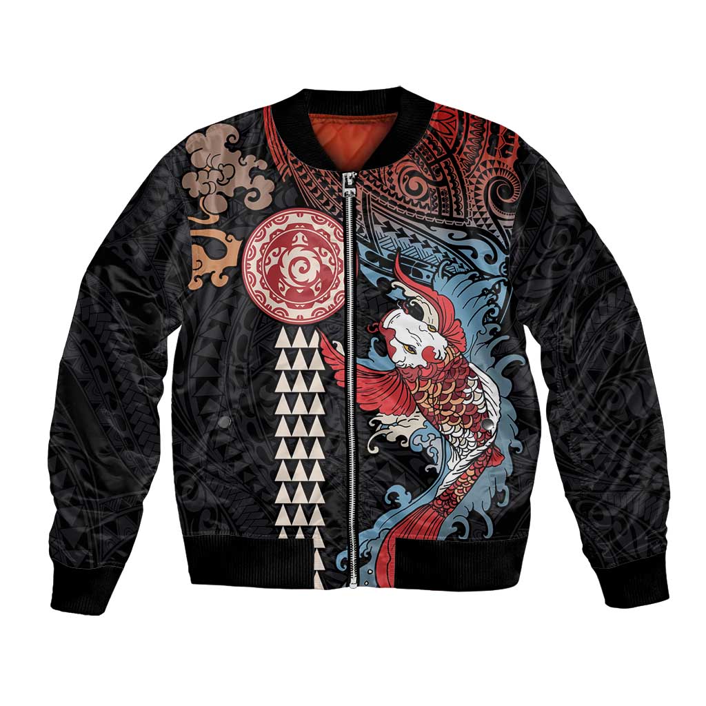 Hawaii and Japanese Together Bomber Jacket Koi Fish and Kakau Pattern