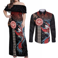 Hawaii and Japanese Together Couples Matching Off Shoulder Maxi Dress and Long Sleeve Button Shirt Koi Fish and Kakau Pattern