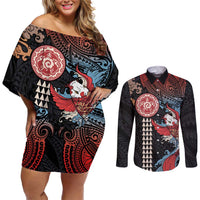 Hawaii and Japanese Together Couples Matching Off Shoulder Short Dress and Long Sleeve Button Shirt Koi Fish and Kakau Pattern