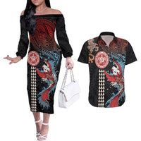 Hawaii and Japanese Together Couples Matching Off The Shoulder Long Sleeve Dress and Hawaiian Shirt Koi Fish and Kakau Pattern