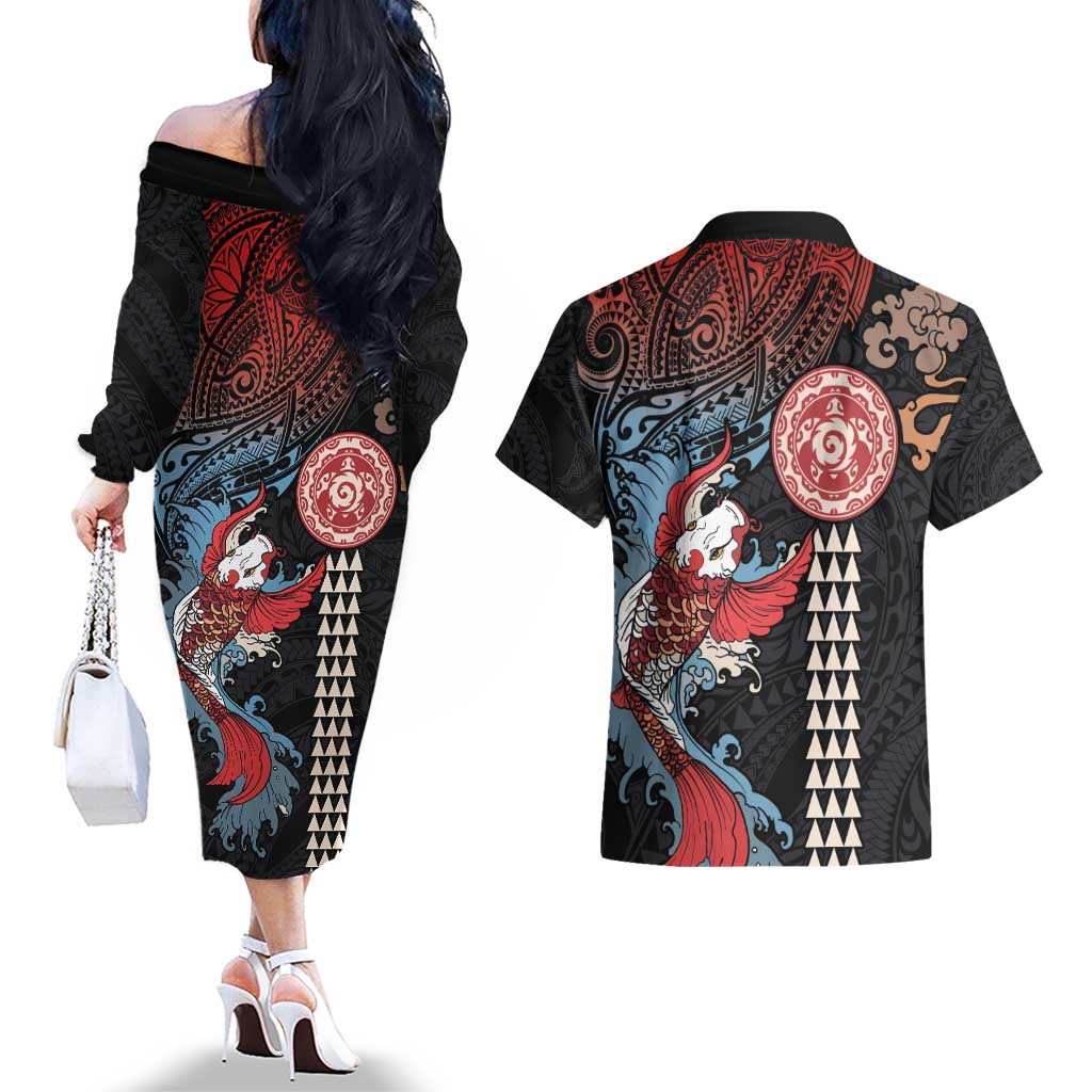 Hawaii and Japanese Together Couples Matching Off The Shoulder Long Sleeve Dress and Hawaiian Shirt Koi Fish and Kakau Pattern
