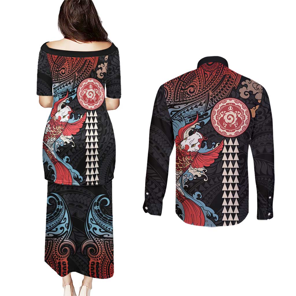 Hawaii and Japanese Together Couples Matching Puletasi and Long Sleeve Button Shirt Koi Fish and Kakau Pattern