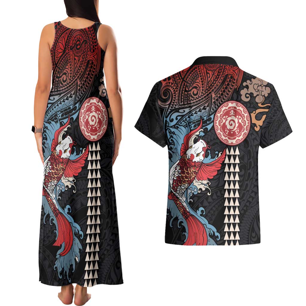 Hawaii and Japanese Together Couples Matching Tank Maxi Dress and Hawaiian Shirt Koi Fish and Kakau Pattern