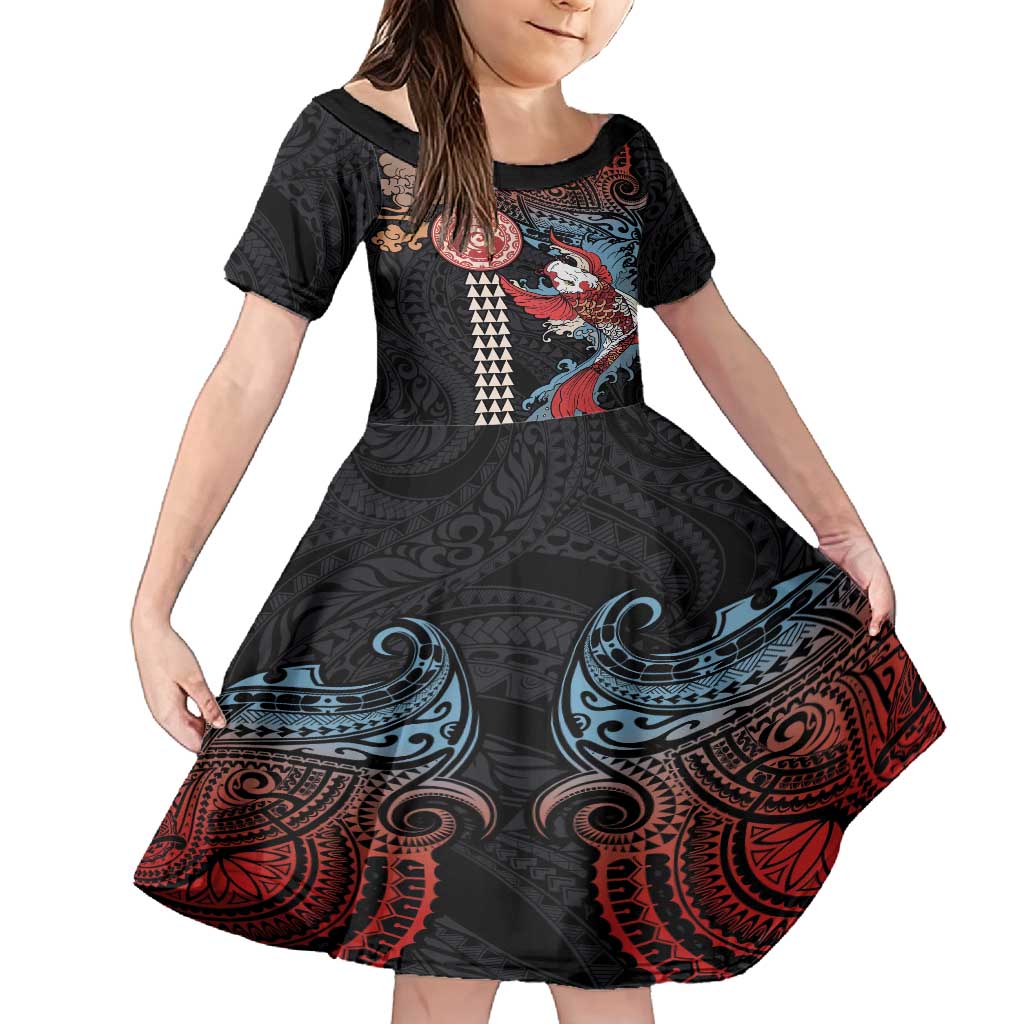 Hawaii and Japanese Together Family Matching Long Sleeve Bodycon Dress and Hawaiian Shirt Koi Fish and Kakau Pattern