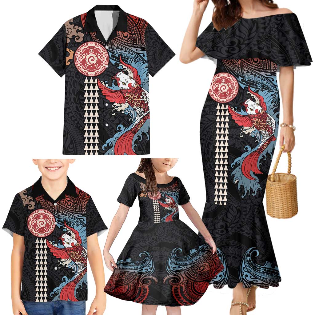 Hawaii and Japanese Together Family Matching Mermaid Dress and Hawaiian Shirt Koi Fish and Kakau Pattern